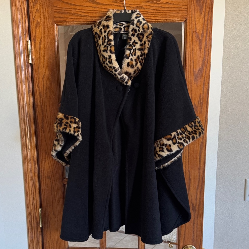Mixit Black Poncho with Leopard Trim